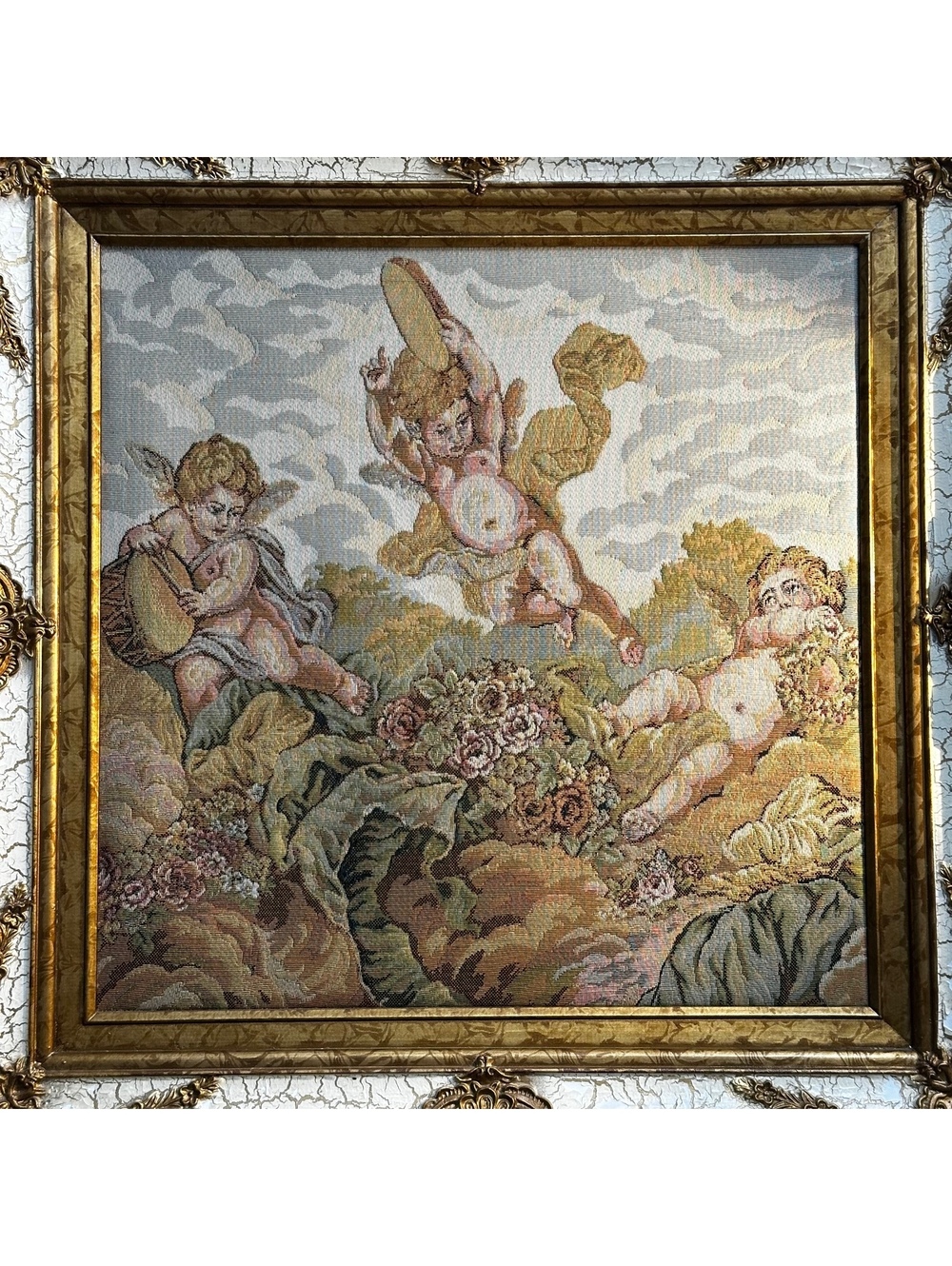 Vintage Made in Italy Woven Tapestry Cherubs Ornate Gold Frame 29.5x29
